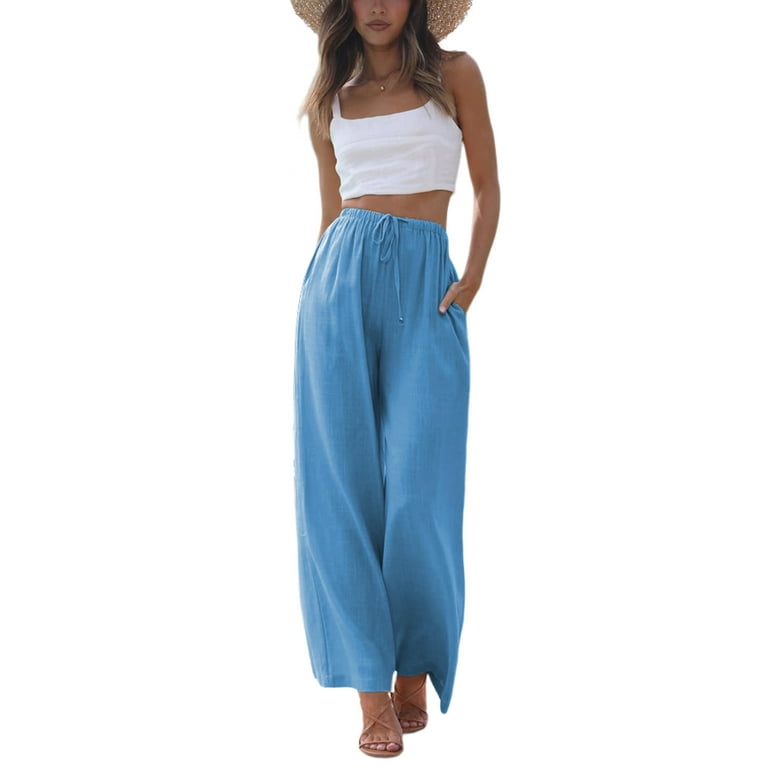 Maskion Women's Cotton Linen Summer Palazzo Pants Flowy Wide Leg Beach  Trousers with Pockets,XL Blue 