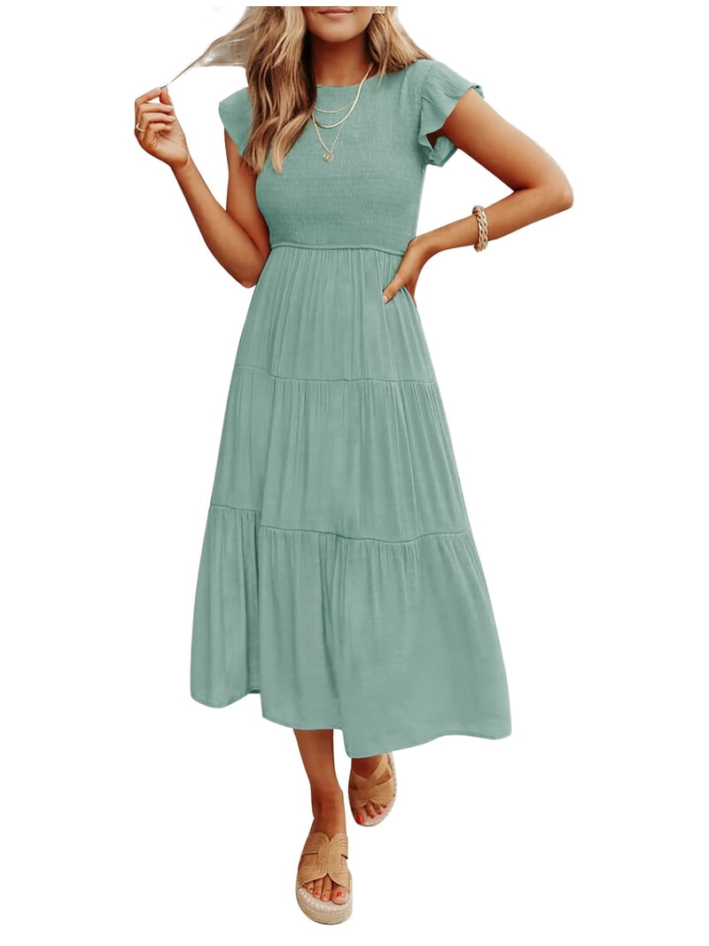 green emerald velvet dress Ruffled Sleeves V Neck Smocked Slit Midi Dress, Light Green / S main image 0