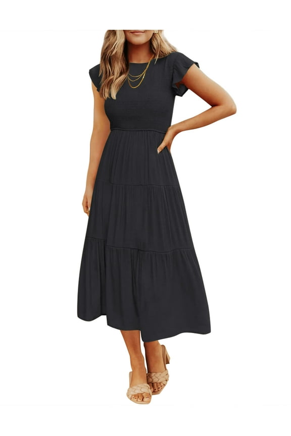 Women's Flutter Short Sleeve Smocked Midi Dress Summer Casual Tiered A-Line Dress,M Black
