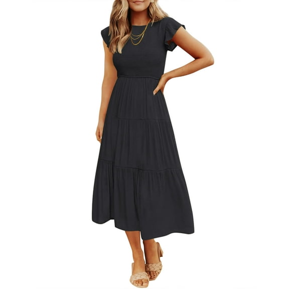 Maskion Women's Flutter Short Sleeve Smocked Midi Dress Summer Casual Tiered A-Line Dress,XL Black