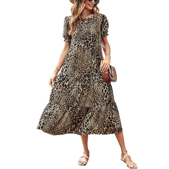 Maskion Women's Summer Casual Boho Dress Floral Print Ruffle Puff Sleeve High Waist Midi Beach Dresses,M Leopard