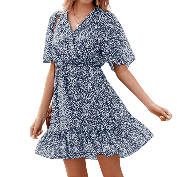 Maskion Women's Summer Casual Floral Dress Cross V Neck Ruffle Short Sleeve Flowy Mini Wedding Dresses with Belt,M Dark Blue