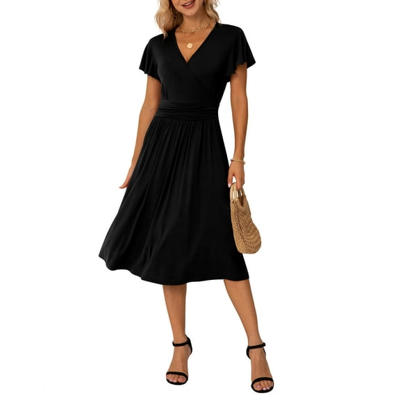 Maskion Women's Summer Ruffle Short Sleeve V-Neck Floral Short Party Dress with Pockets,M Black