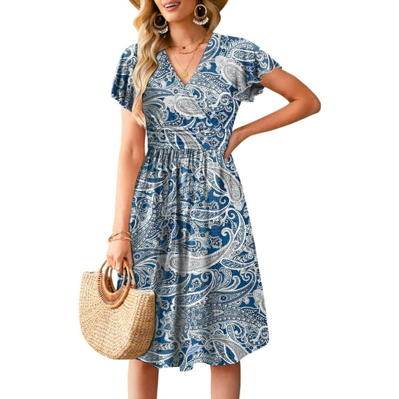 Maskion Women's Summer Ruffle Short Sleeve V-Neck Floral Short Party Dress with Pockets,M Cashew Blue