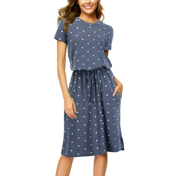 Maskion Womens Hide Belly Work Casual Midi Dresses with Pockets,L Gray Blue