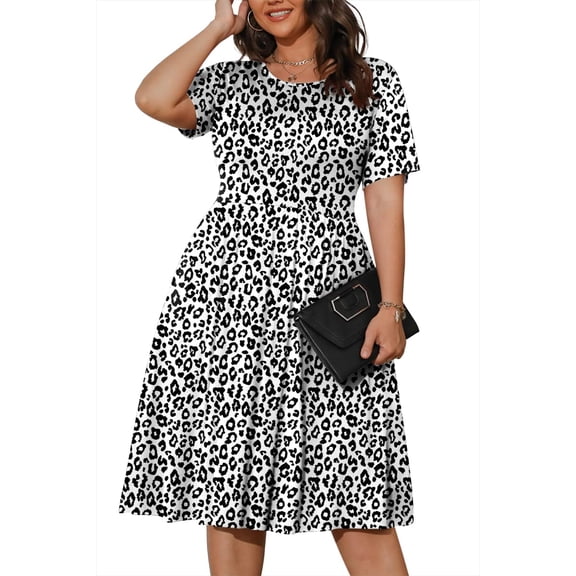 Maskion Womens Plus Size Summer Dress 2023 Casual Short Sleeve Empire Waist Loose Fit Swing T-Shirt Dress with Pockets,3XL Leopard White