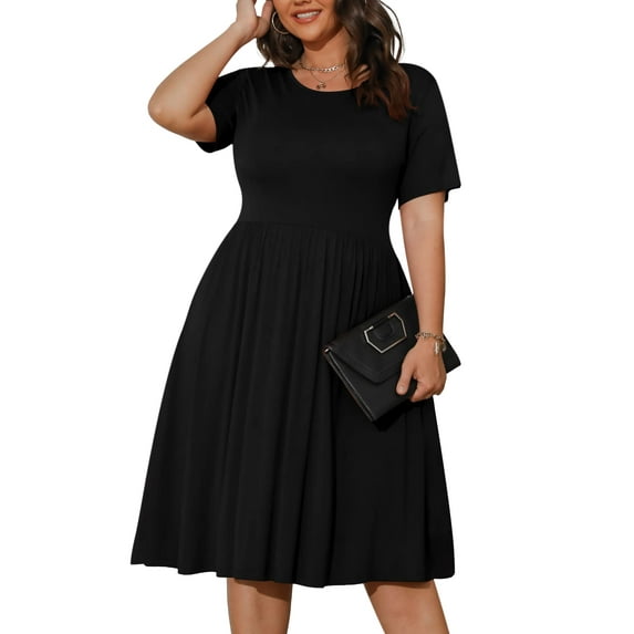 Maskion Womens Plus Size Summer Dress 2023 Casual Short Sleeve Empire Waist Loose Fit Swing T-Shirt Dress with Pockets,5XL Black