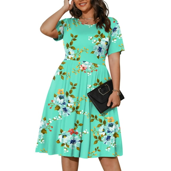 Maskion Womens Plus Size Summer Dress 2023 Casual Short Sleeve Empire Waist Loose Fit Swing T-Shirt Dress with Pockets,5XL Green Floral