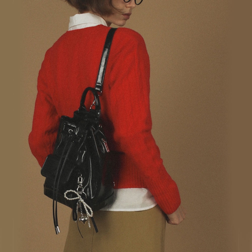 ★masmarulez★ Leather ribbon string mini backpack _ Black Masmarulez Leather Ribbon String Mini Backpack – Vegan