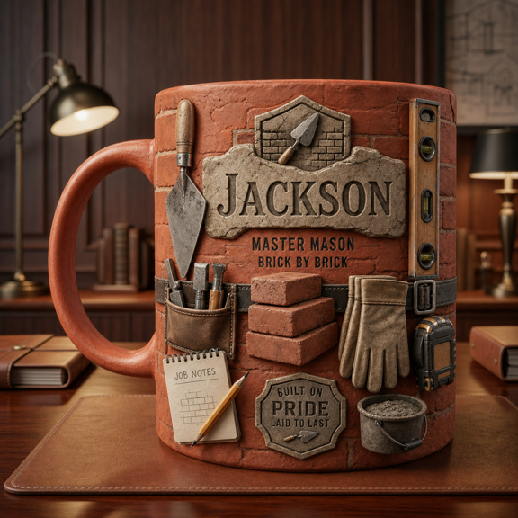 Mason 3D Effect Mug with Custom Name Stone Design, Bricklayer Gift