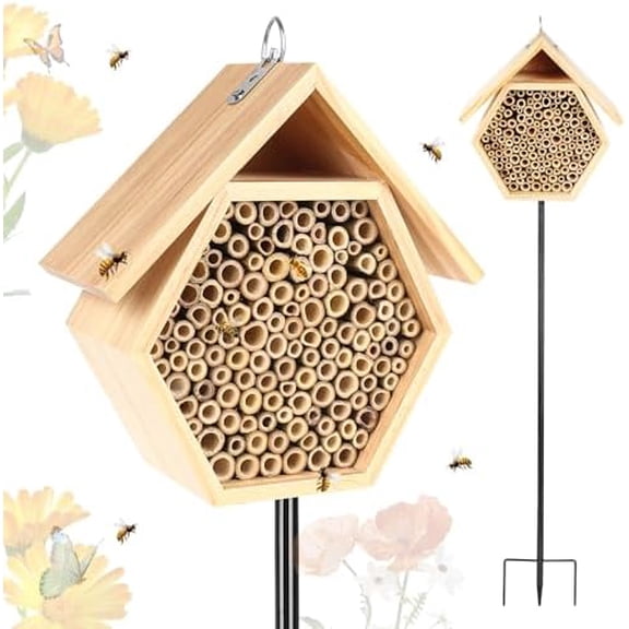 Mason Bee House for Garden, Natural Wooden Bee Habitat with Metal Ground Stake, Attracts Pollinators, Improve Garden Productivity, Outdoor Decoration$$Garden & Patio