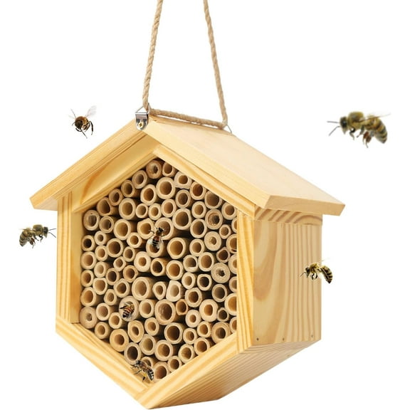Mason Bee House Native Bee Hive Hexagon Bee House Handmade Wooden Mason Bee Box Habitat Home Hotel with Tubes -Attracts Peaceful Bee Pollinators to Enhance Your Garden's Productivity
