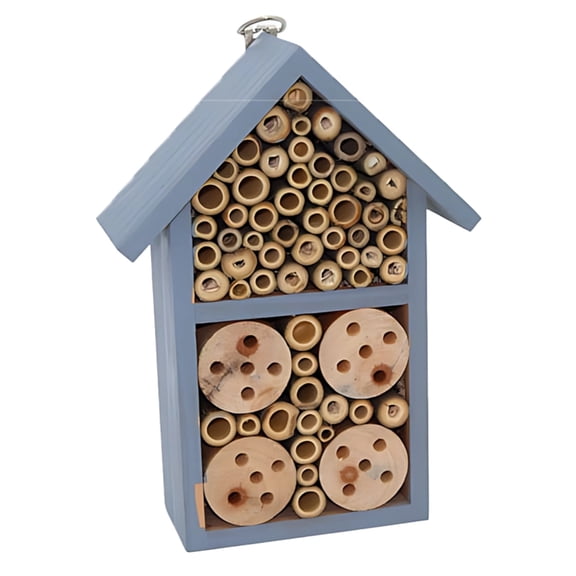 Mason Bee House, Solid Wood Beneficial Insect Hotel for Garden, Long-lasting Outdoor Pollinator Habitat with Wood Tubes, Educational Home for Kids & Adults, Blue Finish