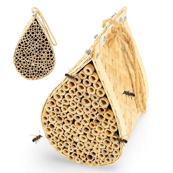 Mason Bee House Teardrop Bamboo Habitat with Hanging Rope for Garden Use