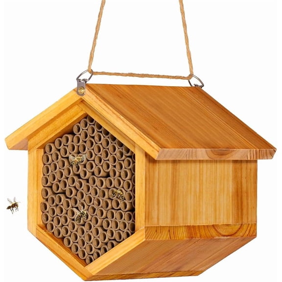 Mason Bee House Wax Coated Bee Hotel, Pollinator House,Natural Handmade Wooden Mason Bee Hotel for Pollinating Bees Garden Supplies