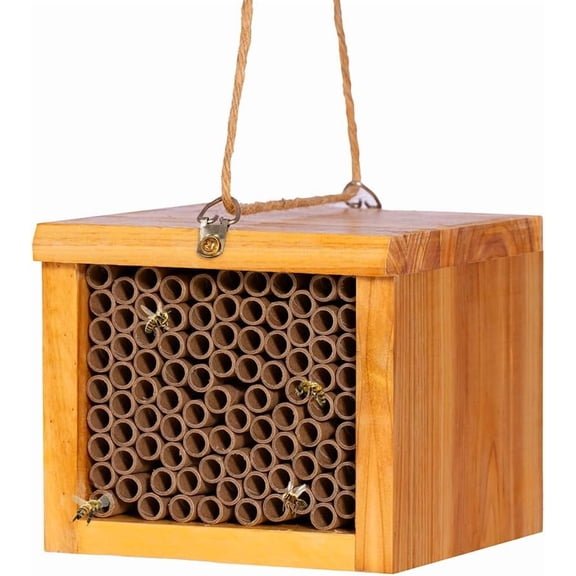 Mason Bee House - Wax Coated Bee Hotel for The Garden, Wooden Hotel, Mason Bee for Outdoors, Attracts Peaceful Bee Pollinators to Your Garden