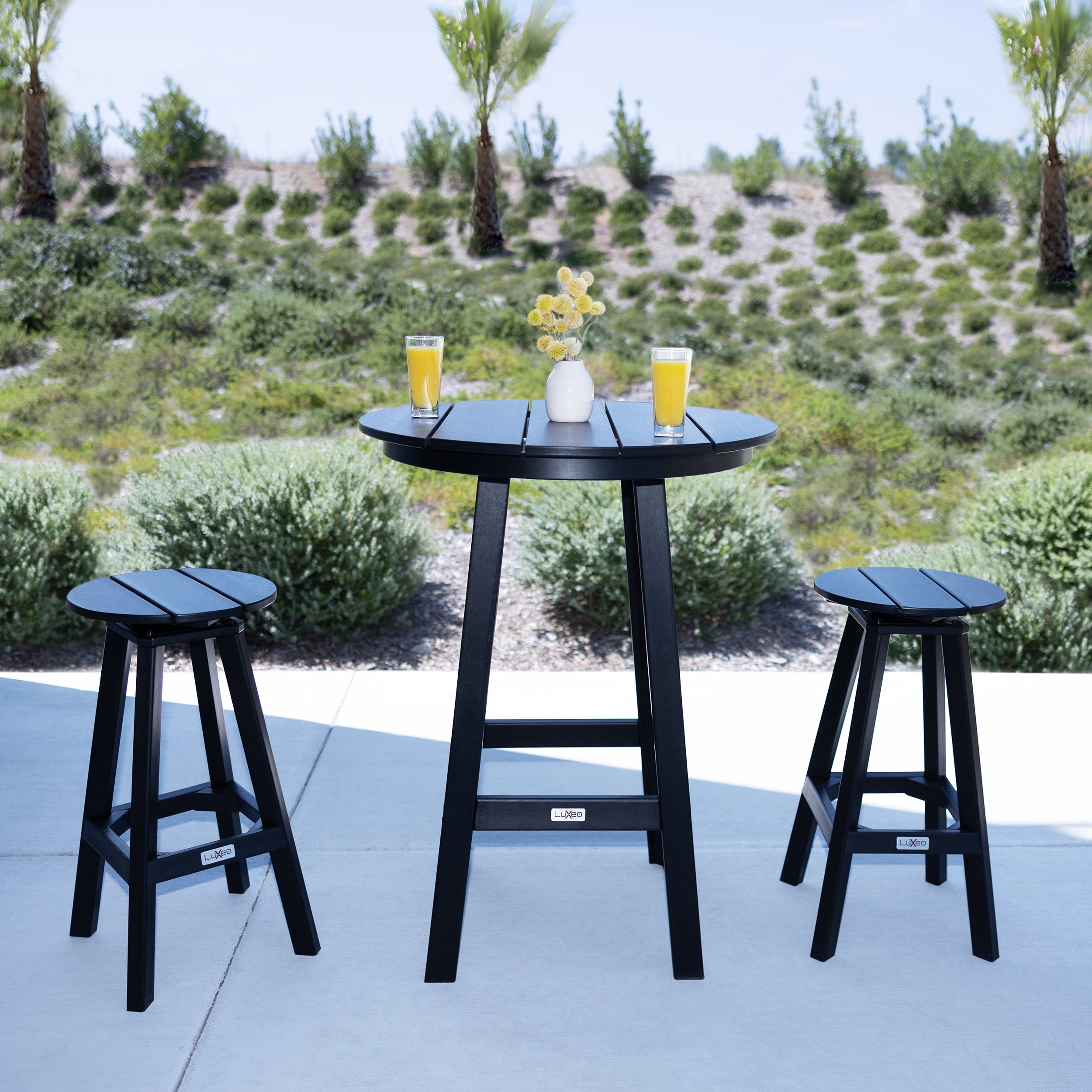 Mason-Cabo Black HDPE Round Outdoor Bar Table Set with Swivel Stools