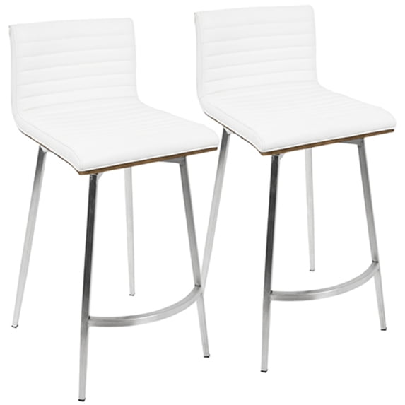 Mason Contemporary Swivel Counter Stool In Stainless Steel, Walnut Wood, And White Faux Leather - Set Of 2