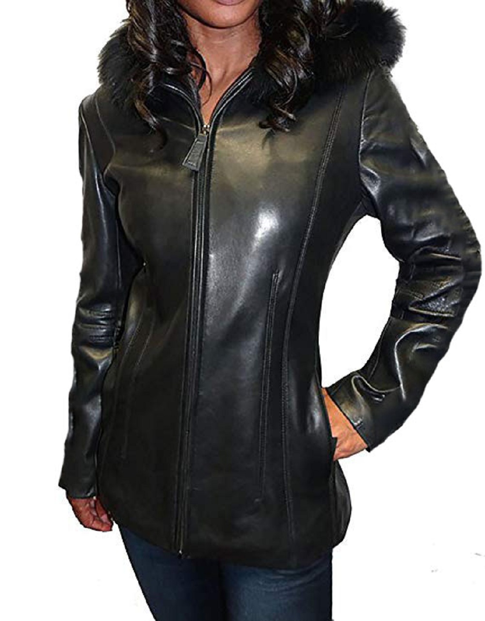 Mason & Cooper Fur Trim Hooded Leather Jacket - image 1 of 1