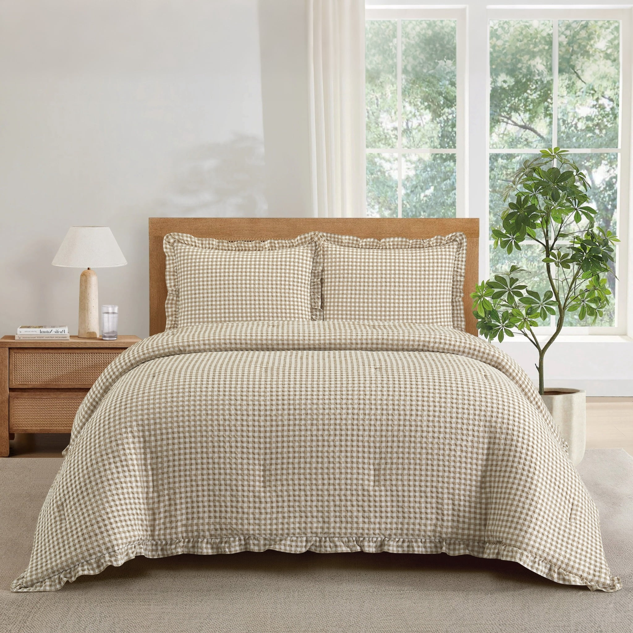 Mason & Craft 3 Piece Beige Gingham Seersucker Comforter Set, Full/Queen