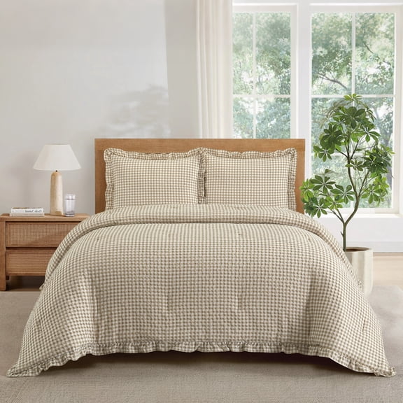 Mason & Craft 3 Piece Beige Gingham Seersucker Comforter Set, Full/Queen