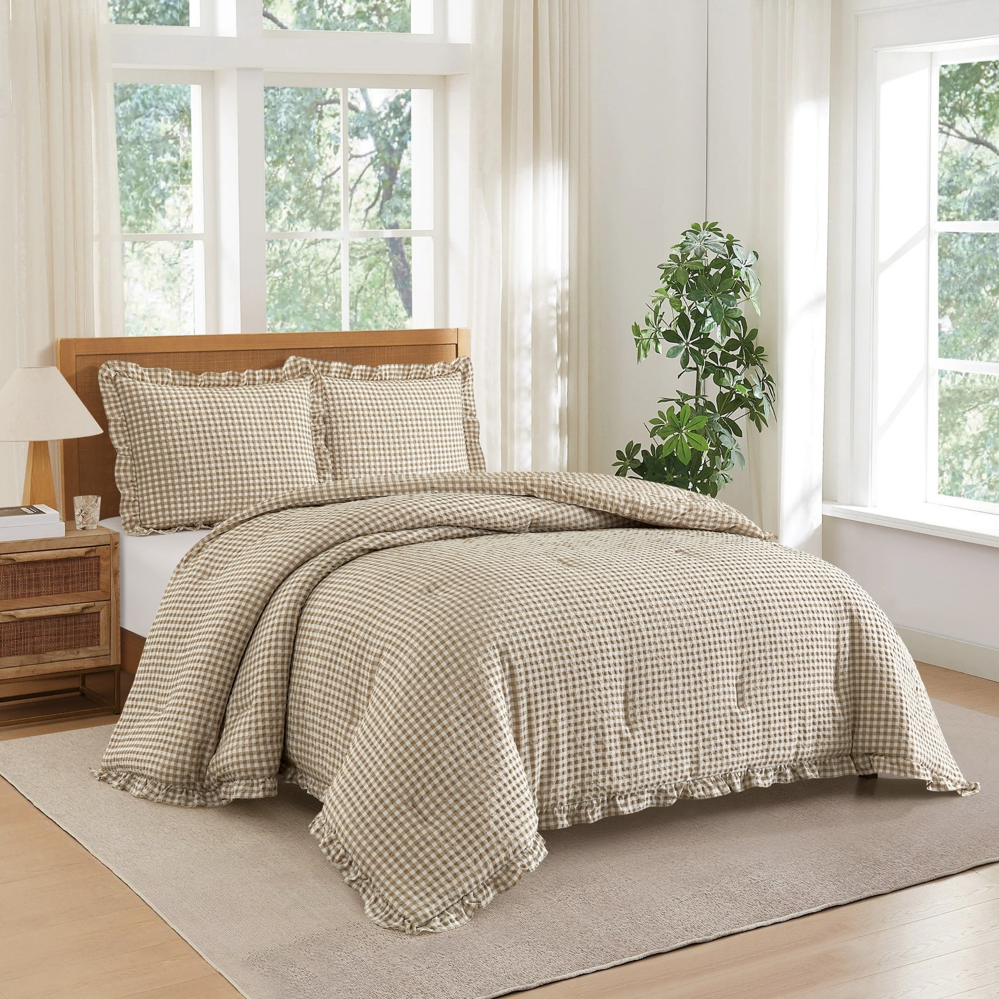 Mason & Craft 3 Piece Beige Gingham Seersucker Comforter Set, King
