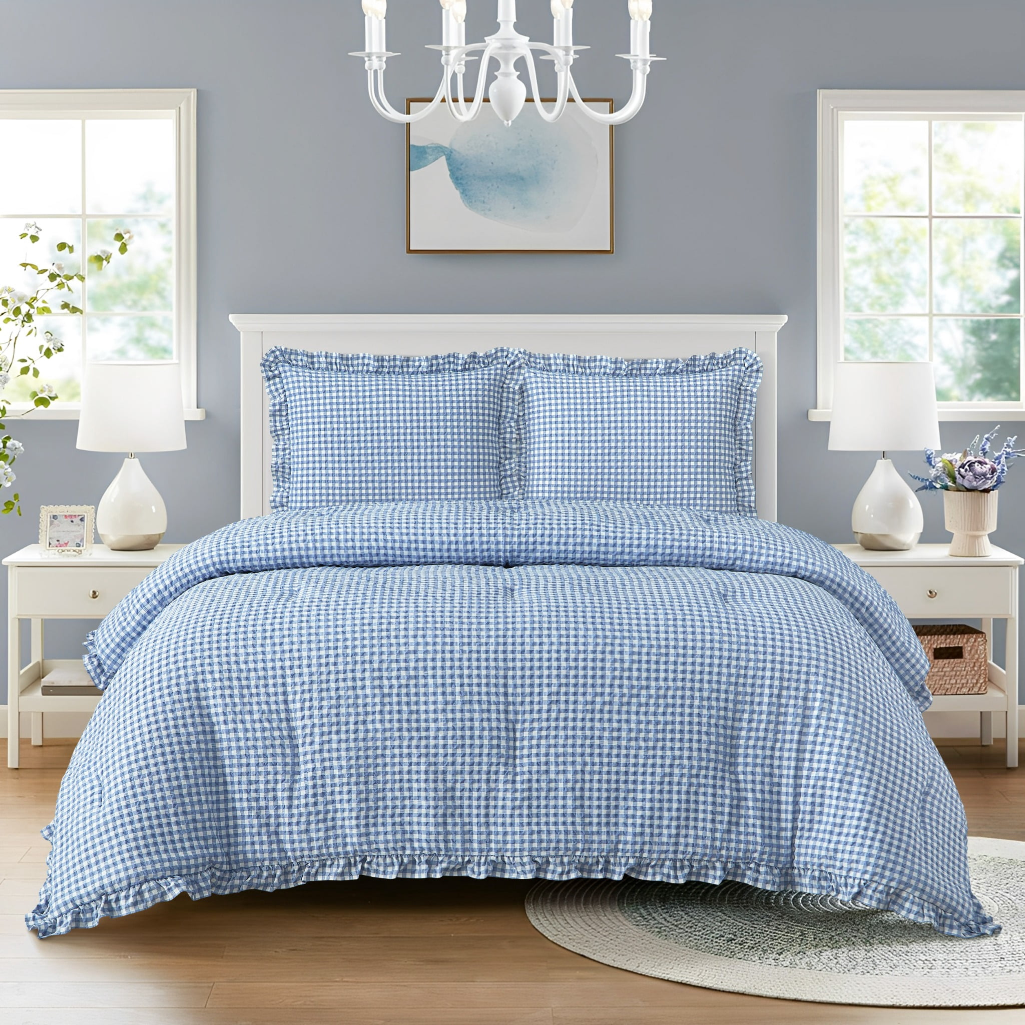 Mason & Craft 3 Piece Blue Gingham with Ruffle Comforter Set, Full/Queen