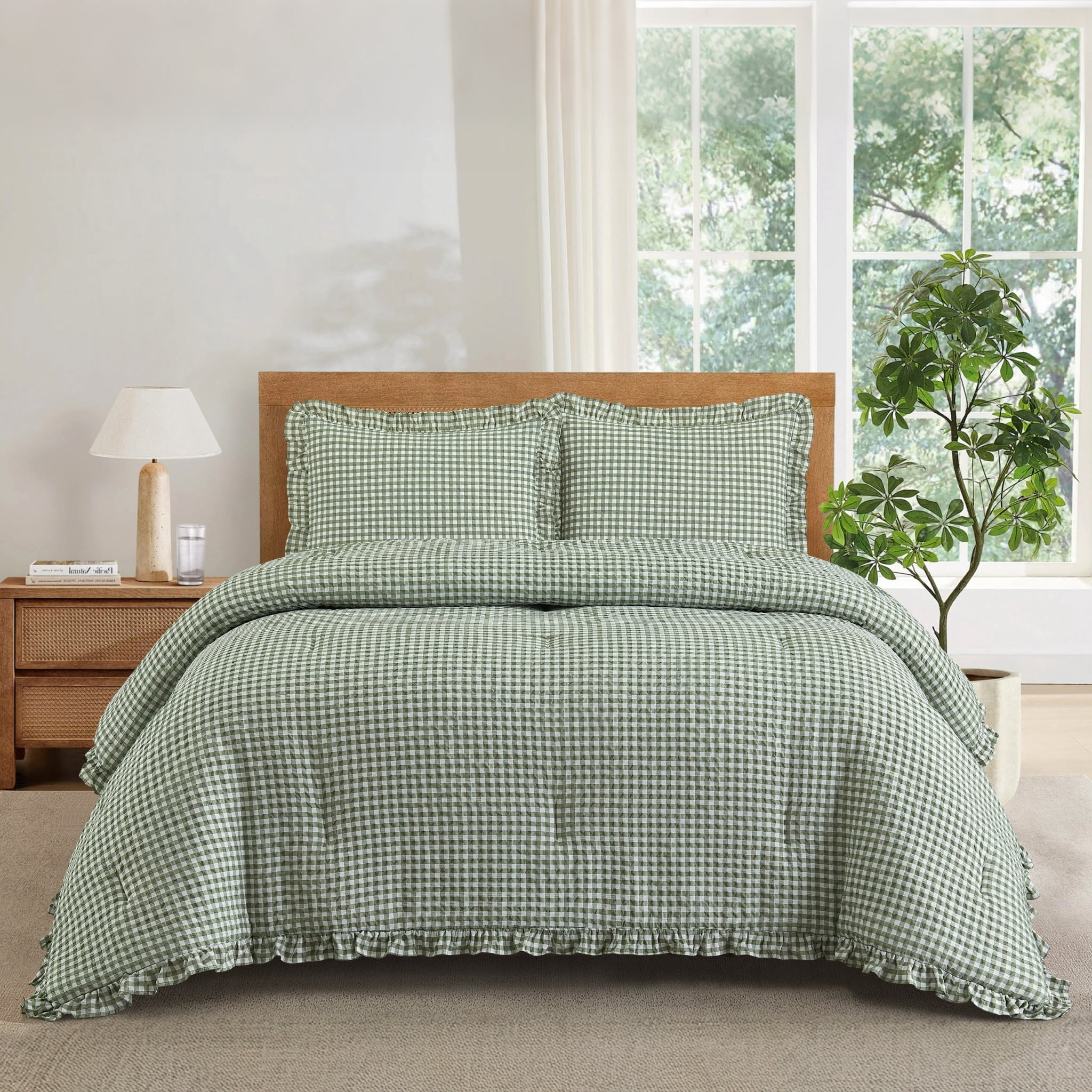 Mason & Craft 3 Piece Green Gingham Seersucker Comforter Set, Full/Queen