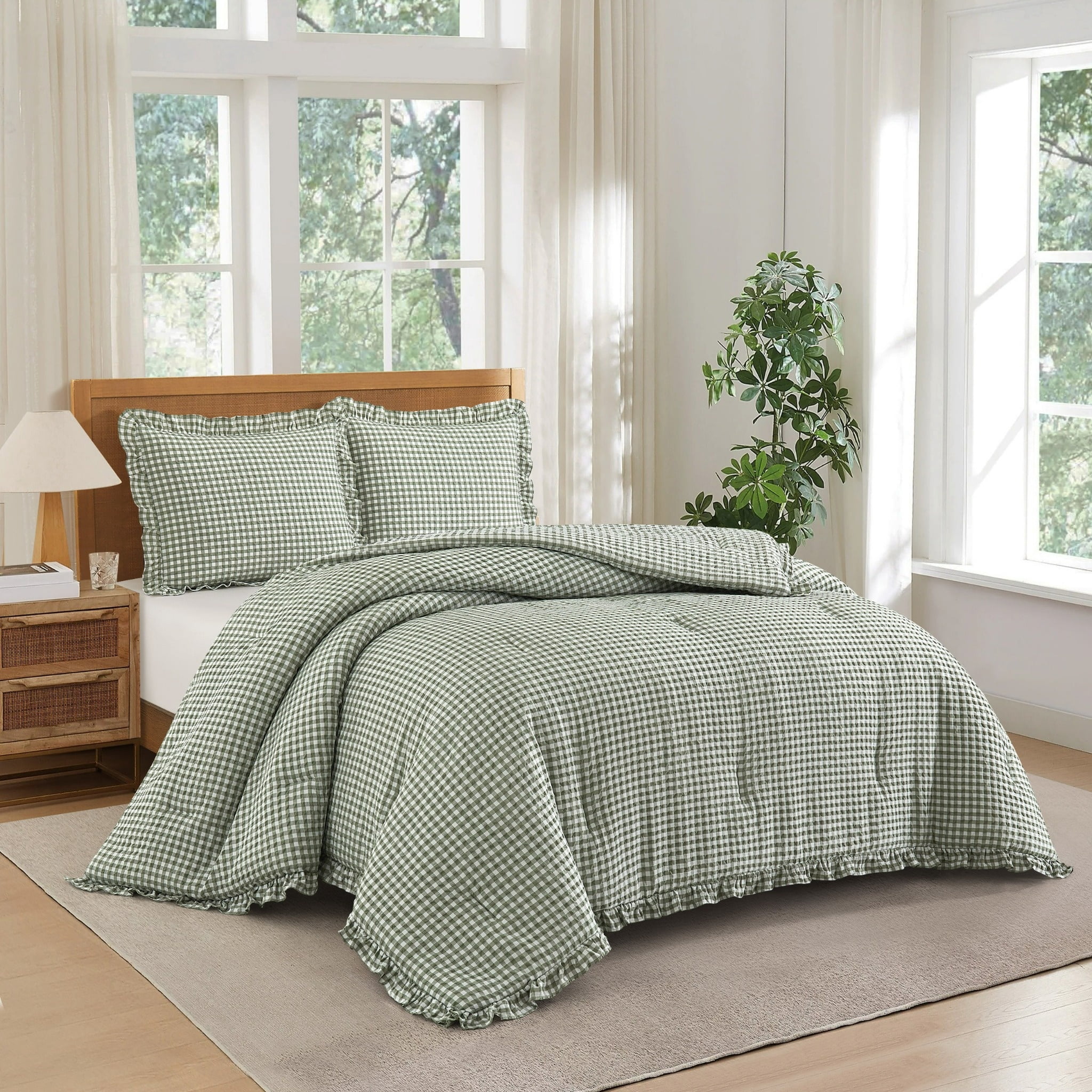 Mason & Craft 3 Piece Green Gingham Seersucker Comforter Set, King