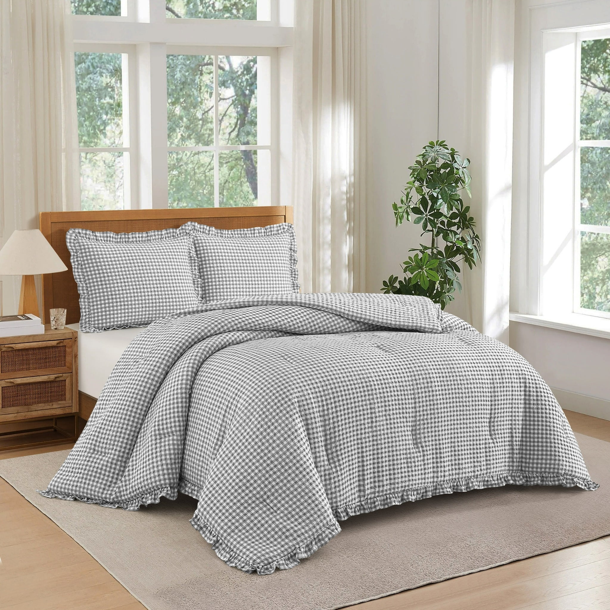 Mason & Craft 3 Piece Grey Gingham Seersucker Comforter Set, King