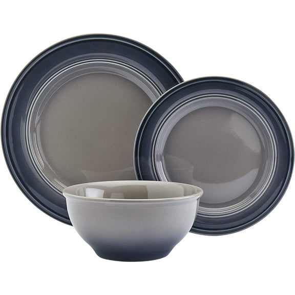 Mason Craft & More Festival Dinnerware Collection- Round Durable Stoneware Bold Colorful Ombre Glaze Plates Bowls, 12 Piece Festival Dinnerware Set in Shadow Grey