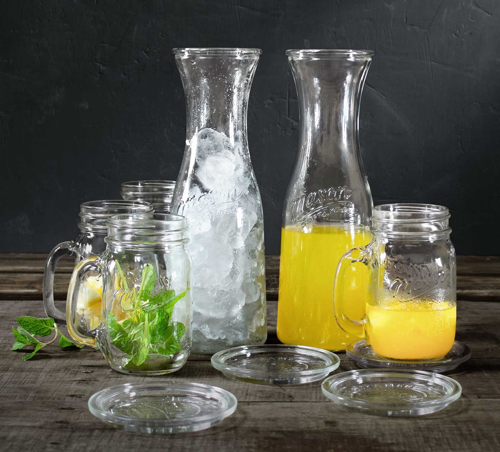 Mason Craft & More 10 Piece Glass Drinkware Set, Carafes, Drinking Jars, and Coasters