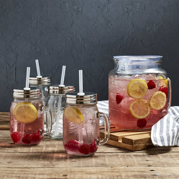 Mason Craft & More 14 Piece Glass Drinkware Set, Pitcher and Drinking Jars with Lids & Straws