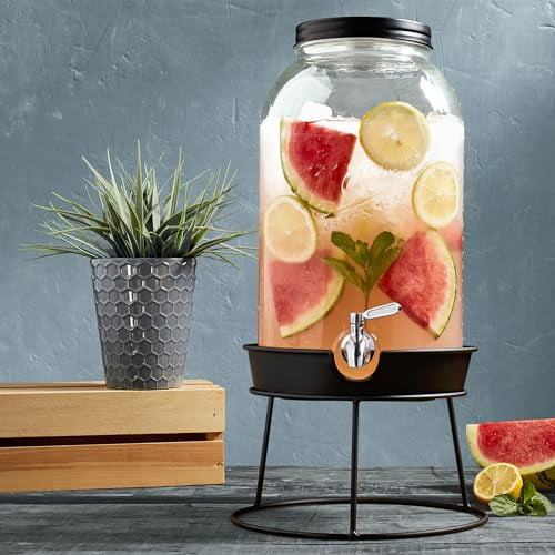 Mason Craft & More 3 Gallon Glass Beverage Drink Dispenser with Metal