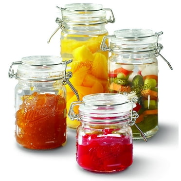 Mason Craft & More 4 Piece Airtight Glass Clamp Jar with Lids, Clear Square Mason Jars Storage Canisters (7oz, 12oz, 17oz, 22oz)