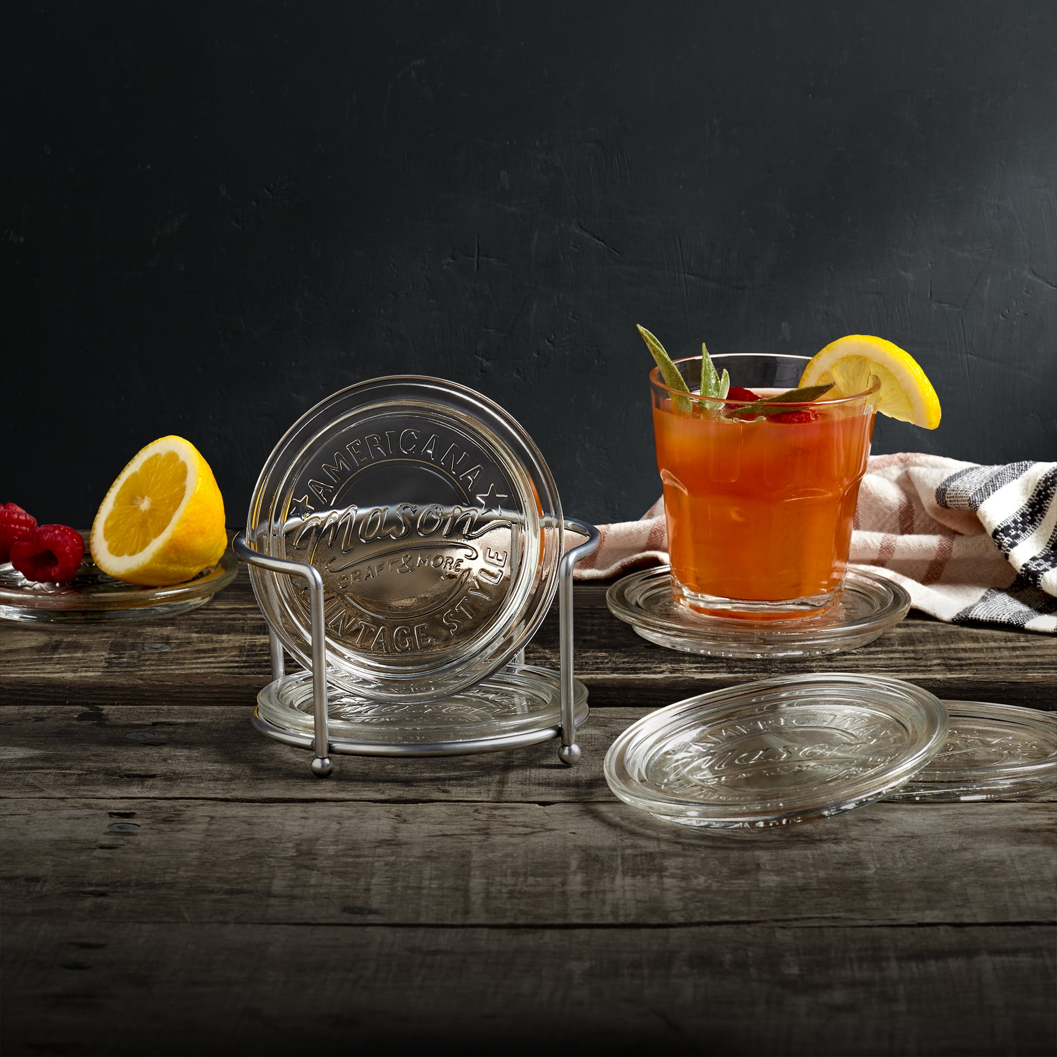 Mason Craft & More 7 Piece Glass Coasters Set with Metal Organizer