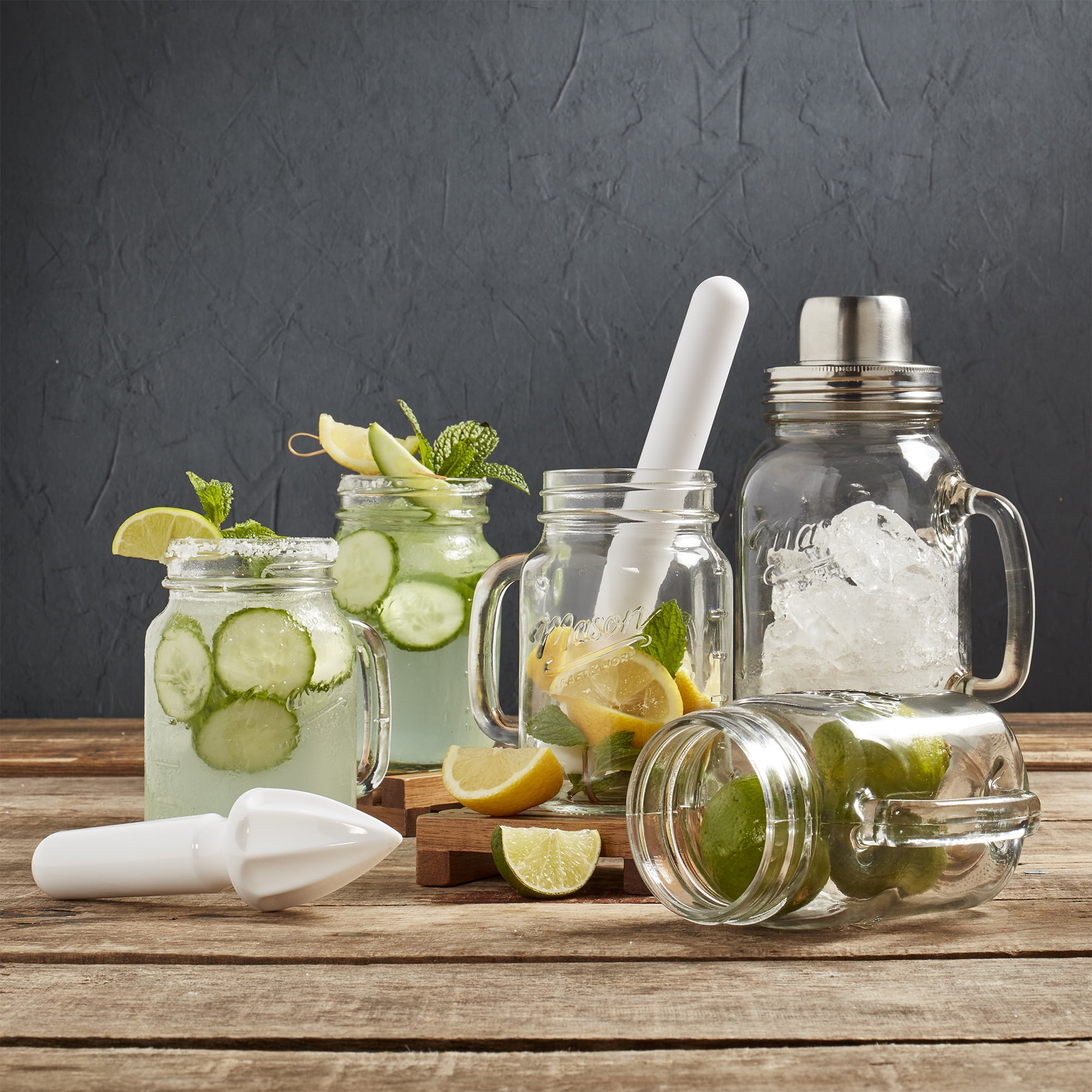Mason Craft & More 7 Piece Glass Drinkware Bar Set, Cocktail Shaker, Drinking Jars, Muddler