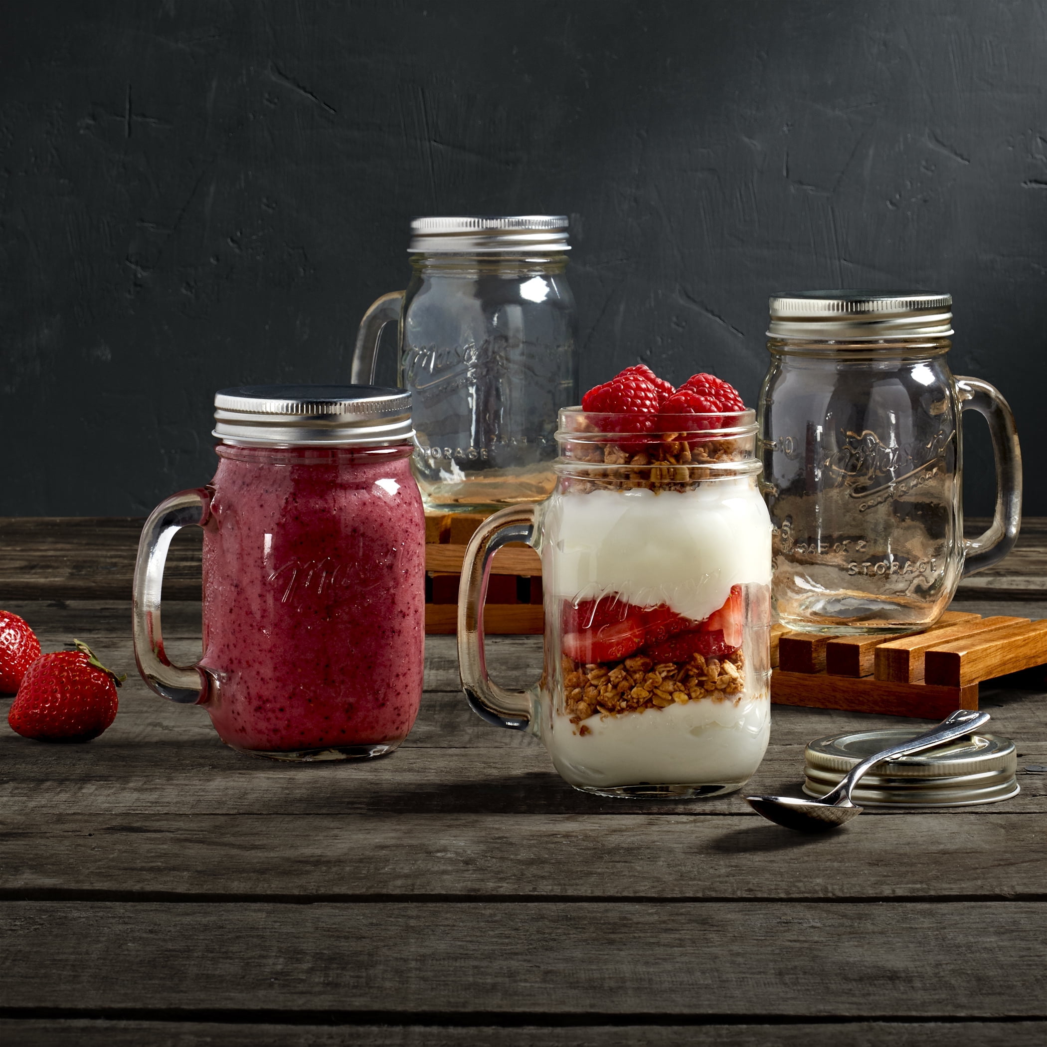 Mason Craft & More 8 Piece Glass Drinking Jars Set with Stainless Steel Lids, 16 oz.