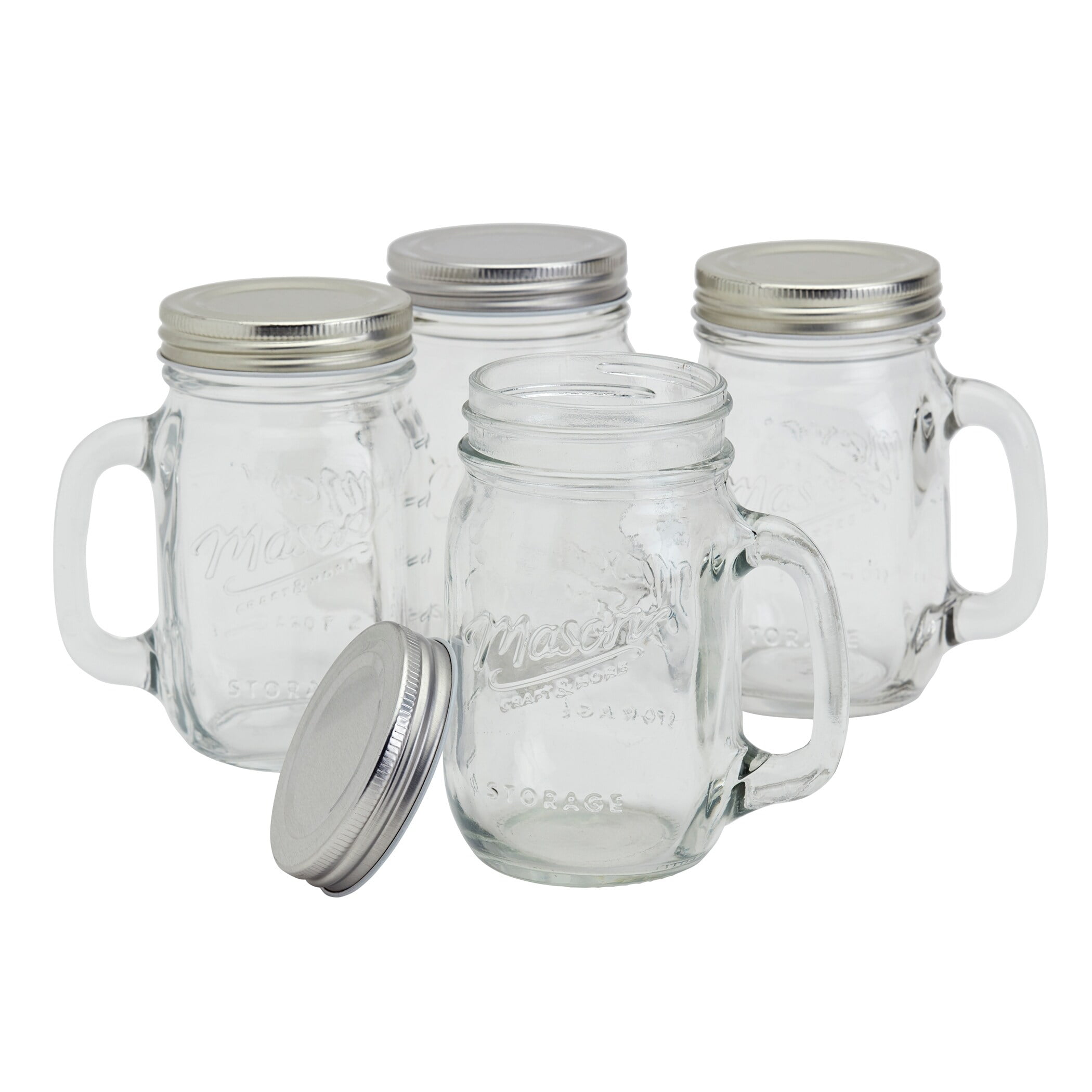 Clear Glass Drinking Jars with Handles and Stainless Steel Lids, Set of 4