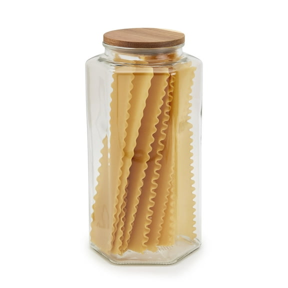 Mason Craft & More Extra-Large Glass Hexagon Design Canister with Acacia Wood Lid, Clear Mason Jar Storage, 3.7 Liter (125oz)
