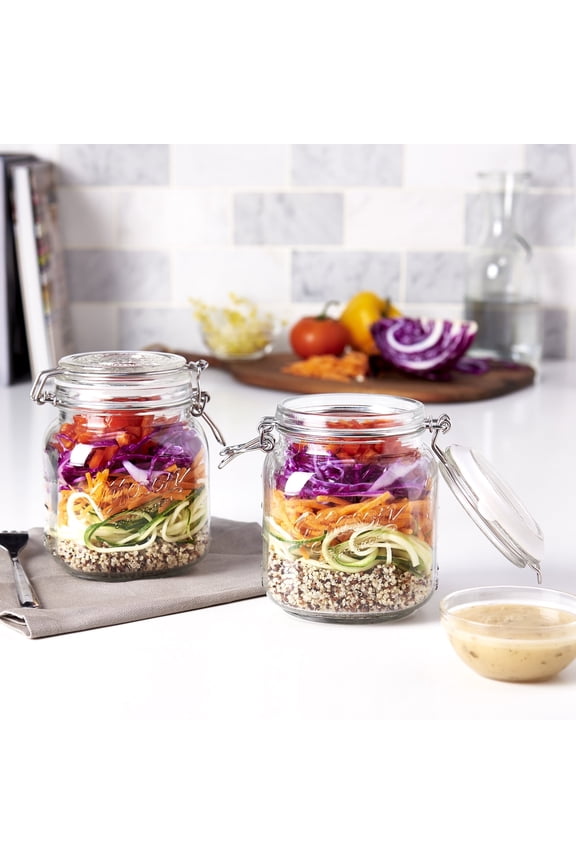 Mason Craft & More Set of 2 Airtight Glass Clamp Jars with Lid, Clear Round Mason Jar Storage Canister, 1 Liter (34oz)
