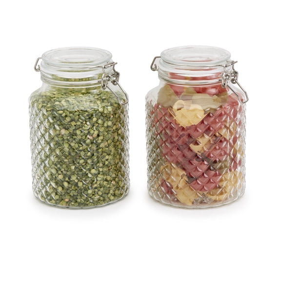 Mason Craft & More Set of 2 Airtight Large Facet Design Glass Clamp Jars with Lid, Clear Mason Jar Storage Canisters, 2 Liter (67.5oz)