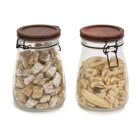 Mason Craft & More Set of 2 Airtight Medium Carafe Glass Clamp Jars with Acacia Wood Lid, Clear Mason Jar Storage Canisters, 1.27 Liter (43oz)