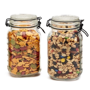 Mason Craft & More Set of 2 Airtight Medium Glass Clamp Jars with Black Wire, Clear Mason Jar Storage Canisters, 1.5 Liter (50oz)