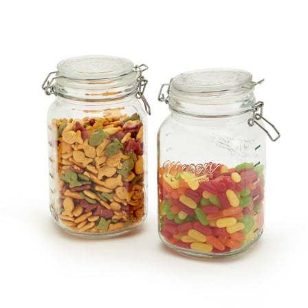 Mason Craft & More Set of 2 Airtight Medium Glass Clamp Jars with Lid, Clear Mason Jar Storage Canisters, 1.5 Liter (50oz)