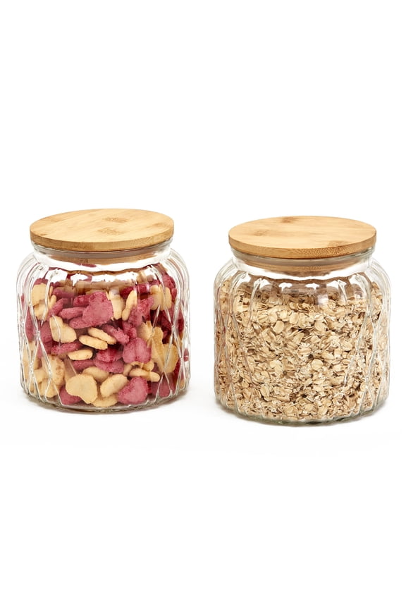 Mason Craft & More Set of 2 Medium Glass Diamond Design Canisters with Bamboo Wood Lids, Clear Mason Jar Storage, 1 Liter (34oz)