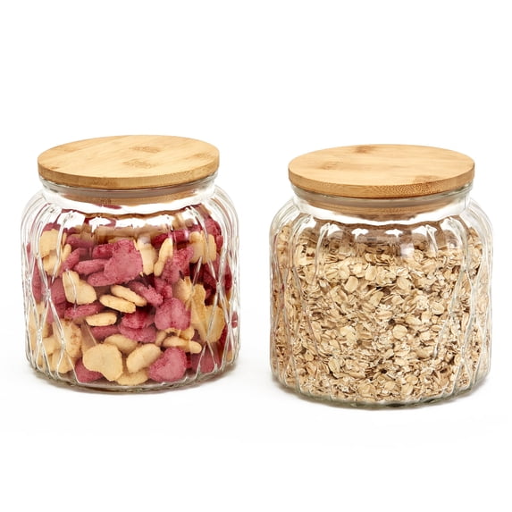 Mason Craft & More Set of 2 Glass Food Storage Canisters with Bamboo Wood Lids, 1 Liter