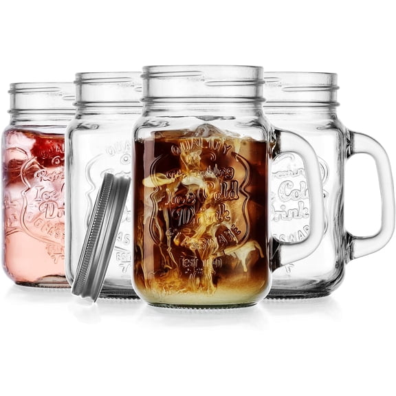 Mason Drinking Jars  Set of 4, 15.25 Oz Clear Glass Jar with Handle and Lid.  Ice-Cold Drink Glassware Logo  Glass Mugs Ideal for Cold Beverages, Juice, Smoothie, Cocktails.