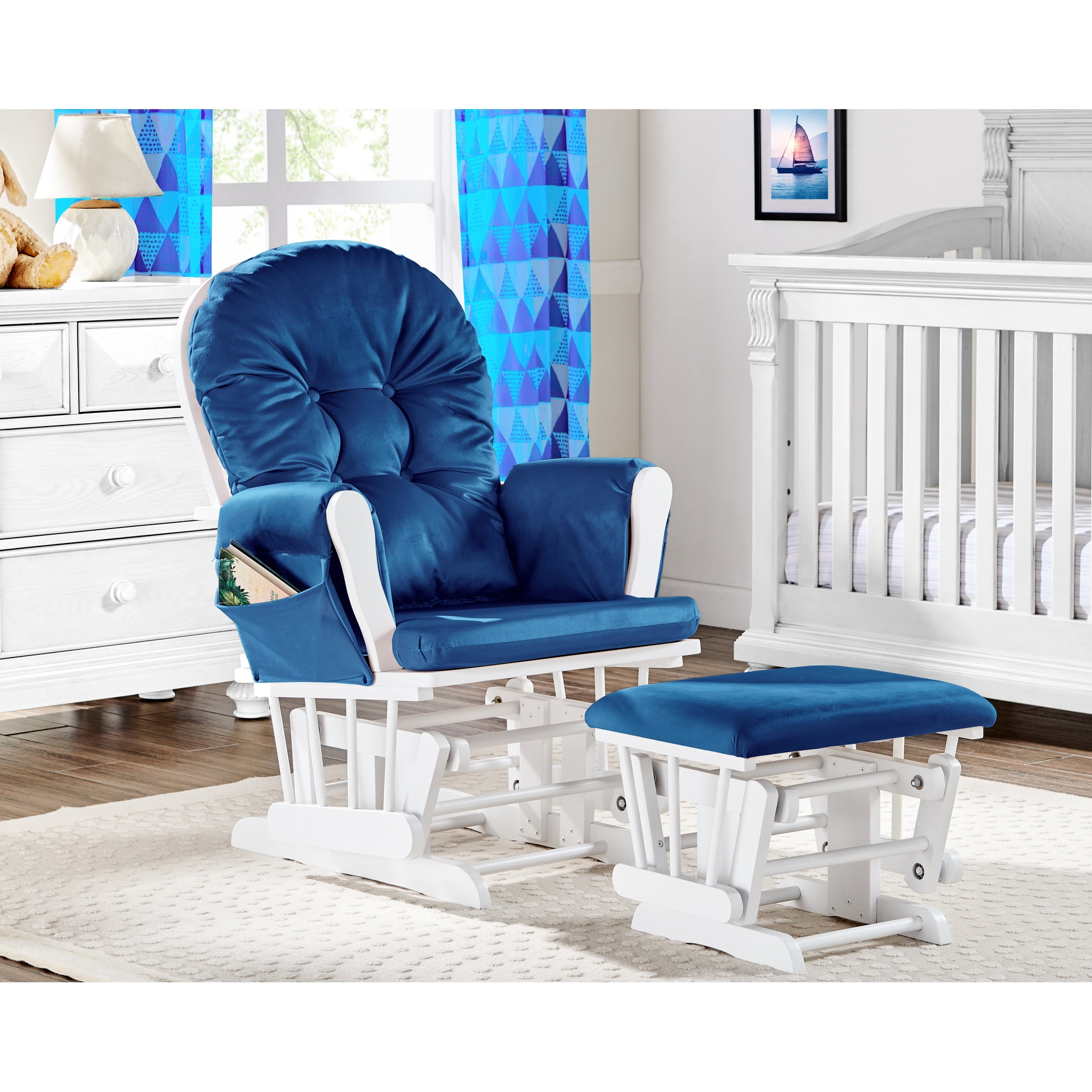 Mason Glider And In Navy Blue Fabric White Wood Frame - Peaceful ...