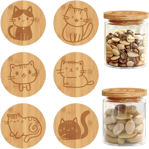 Mason Jar Bamboo Wood Lids Fit 2" Yogurt Canning Cute Cat Kitty Reusable Natural Wooden Decorative Caps
